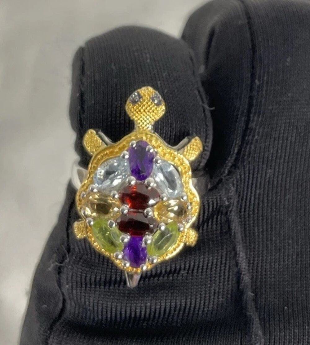 TURTLE AQUAMARINE PERIDOT CITRINE AMETHYST GP STERLING SILVER RING